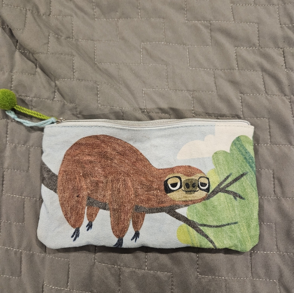 Sloth Print Pouch with Zipper. Makeup Bag,  Pencil Pouch. 8"x 5"